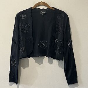 Lynne Ritchie Silk Shrug Women’s Medium Black Rosette Embroidery Cropped Sweater